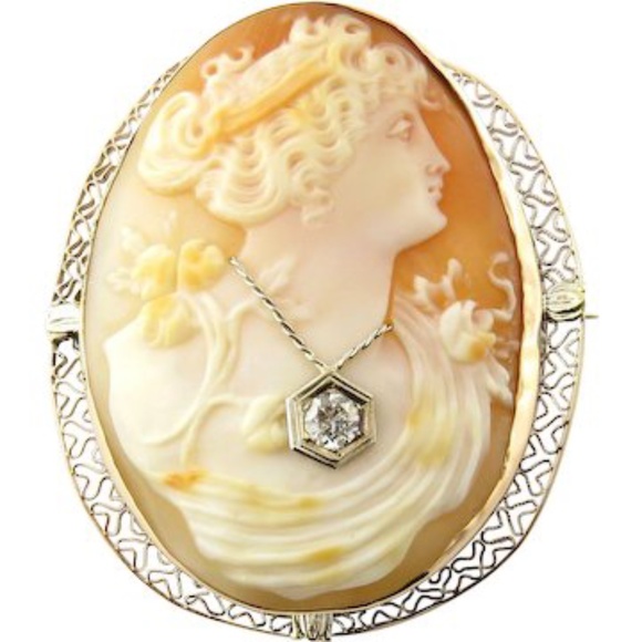 Vintage 14 Karat Yellow Gold and Diamond Cameo Brooch/Pendant #4435 - Picture 1 of 8